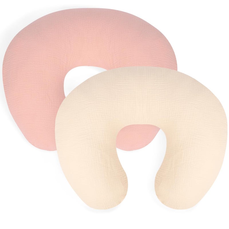 lethooly Nursing Pillow Cover - 2-Pack Muslin Cotton Removable Covers for Breastfeeding Pillows, Ultra-Soft Baby Feeding Pillowcase for Newborns, Fits 22.5"x18" Pillows (Pink & Cream) - Image 1